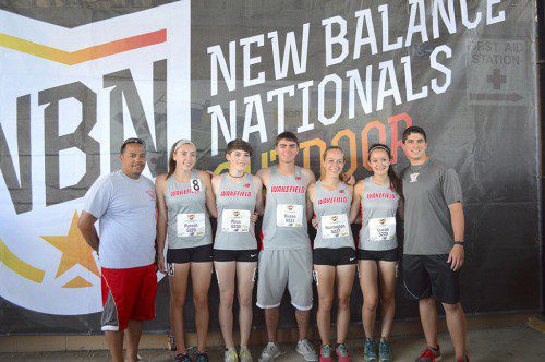 THE WMHS track program had five athletes who competed in the New Balance Nationals Outdoor Track and Field Championships. From left to right are Head Coach Ruben Reinoso, Allee Purcell, Samantha Ross, Kevin Russo, Abigail Harrington, Ana Lucas and Assistant Coach Anthony LaFratta​.
