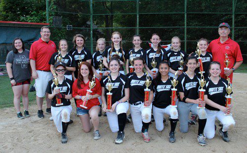THE WHITE SOX were crowned the Town Series champs in Senior Little League Softball with an 8-4 victory over the Dodgers in the title game. The White Sox posted a record of 13-7-2 for the season. In the front row (from left to right) are Virginia Bry, Assistant Coach Anya Nardone, Nina DiCarlo, Meghan Burnett, Mia Romano, Marissa Patti and Alex Hatfield. In the second row (from left to right) are Assistant Coach Mary Kate Burnett, Assistant Coach Chris Collyer, Sophia Mercurio, Emily Sovay, Allie Collyer, Marika Shively, Amanda Patti, Daniella Sinnott, Shannon Collyer, Abby Murdocca and Manager Bob Burnett.