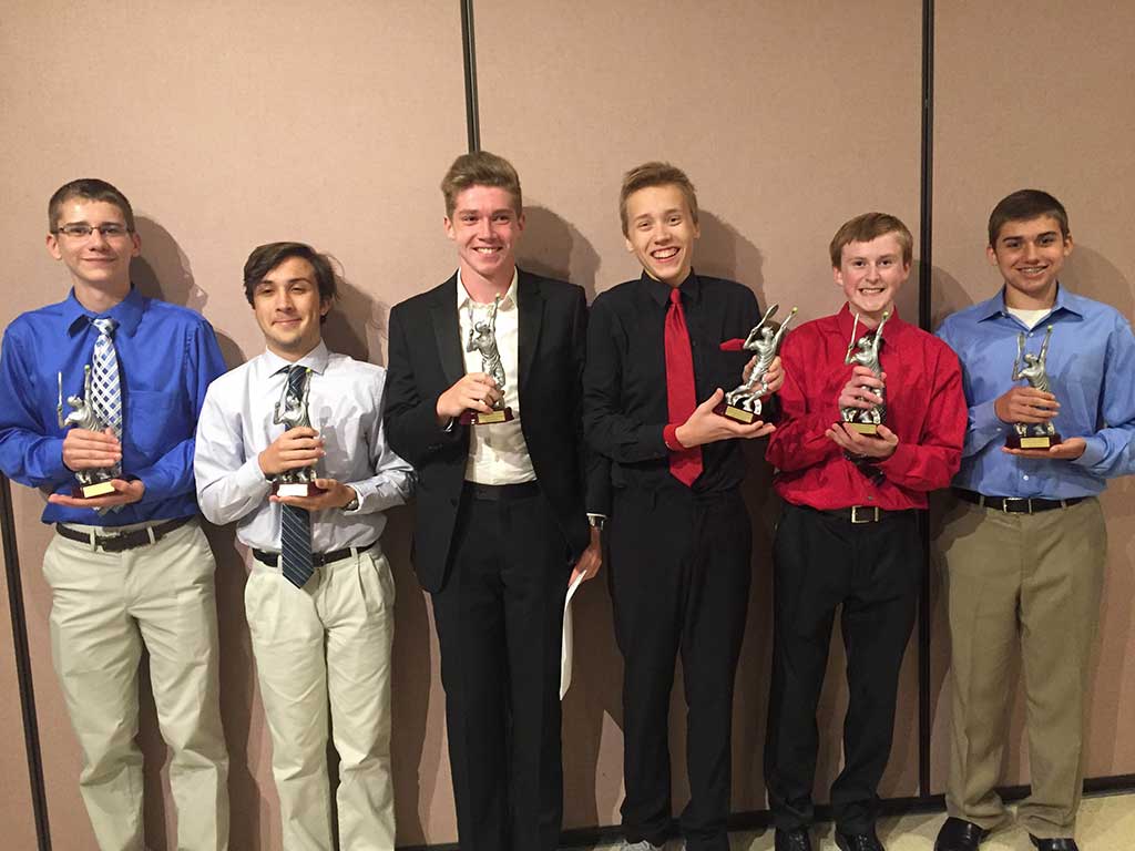 THE WMHS boys' tennis team recently held its award banquet. From left to right are trophy winners Zack Covelle (MVP), Noah Sellers (Sportsmanship Award), John Stanfield (Most Improved Player), Soren Helhoski (Most Improved Player), James Hanron (Coach's Award) and Andy DiCarlo (Warrior Award).