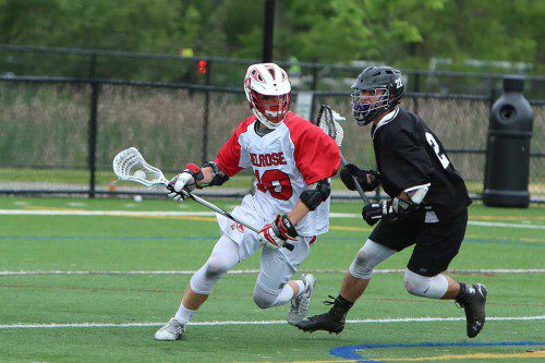 JACK WELLS came up big offensively for the Red Raider lacrosse team, but Melrose fell shy to No. 1 seed Beverly 14-11 on Tuesday in D2N Semifinals. (Donna Larsson photo) 