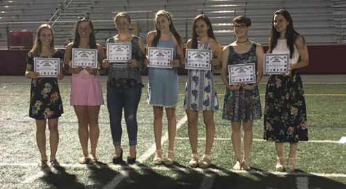 THE WMHS girls’ outdoor track team had seven Middlesex League Freedom division All-Stars named. From left to right are Abby Harrington, Julia Derendal, Eadeen Beck, Allee Purcel, Ana Lucas, Sam Ross and Sarah Buckley.