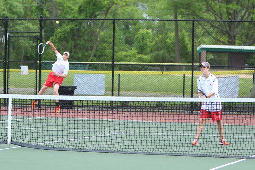 MEMBERS OF the MHS boys' tennis team were among those selected as spring league All Stars, including pairs team Caleb Zimmerman and Sam Stallings. Melrose won their first sole league title in more than 70 years. (Donna Larsson photo) 