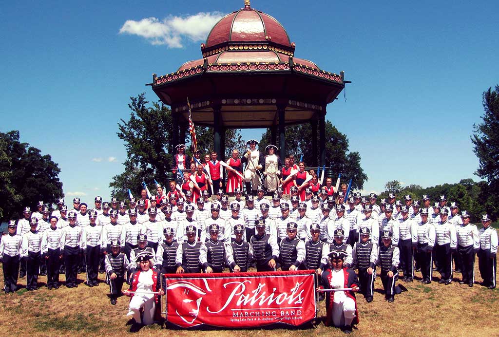 THE PATRIOTS MARCHING BAND of Spring Lake Park and St. Anthony Village High Schools in Minnesota requested a photograph in front of Wakefield’s iconic bandstand. Daily Item photographer Mark Sardella was happy to oblige last Sunday morning.