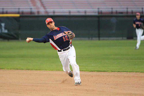 KEVIN KELLEY makes a throw during the Melrose Americans game against the Wakefield Merchants last Friday night. Melrose dropped a 6-5 game in eight innings. The Americans posted a 1-3 record in their past four games with all three losses coming in extra innings. (Donna Larsson Photo)