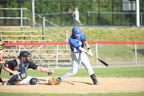 JAKE O’ROURKE had three hits and scored two runs in the Wakefield Merchants 4-3 loss to the Melrose Americans last night at Walsh Field. (Donna Larsson File Photo)