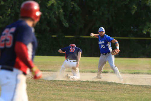 SCOTT SEARLES (#10) had three hits including a double, scored two runs and knocked in two runs in Wakefield’s 9-5 triumph over the Reading Bulldogs yesterday afternoon at Walsh Field.The Merchants also defeated the Arlington Trojans, 7-2, on Friday night and have won two straight.  (Donna Larsson File Photo)