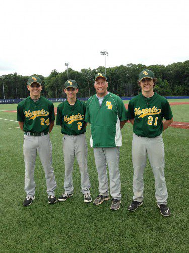 BEST OF THE BEST! North Reading sent three players to the Northeast Baseball League All-Star Game. The Southern Division team, coached by Marco Vittozzi (third from left), defeated the North, 7–3, thanks in part to the play of (left to right) Matt DeBenedetto, Marco Vittozzi, and Dan Madden. The Hornets are also having a successful season, owning a 7–4–1 record, good for second place in the Southern Division. (Courtesy Photo)