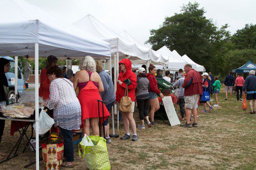 SOMETIMES A LITTLE RAIN must fall, as it did Saturday during this week's Farmers Market. Business, however, was still pretty brisk. (Donna Larsson Photo)