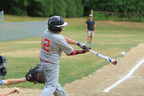SCOTT ELWELL swings away at a pitch during a recent Lou Tompkins All Star Baseball League game for the Wakefield Townies B team. Wakefield was blanked by Woburn, 6-0, last night in B Division contest at Sullivan Park. (Donna Larsson File Photo)