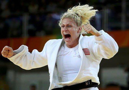 KAYLA HARRISON celebrates after winning a gold medal in judo at the Olympic Games. Harrison, who trains in Wakefield repeated as champion in the 78kg category becoming the first U.S. judoka to do so.