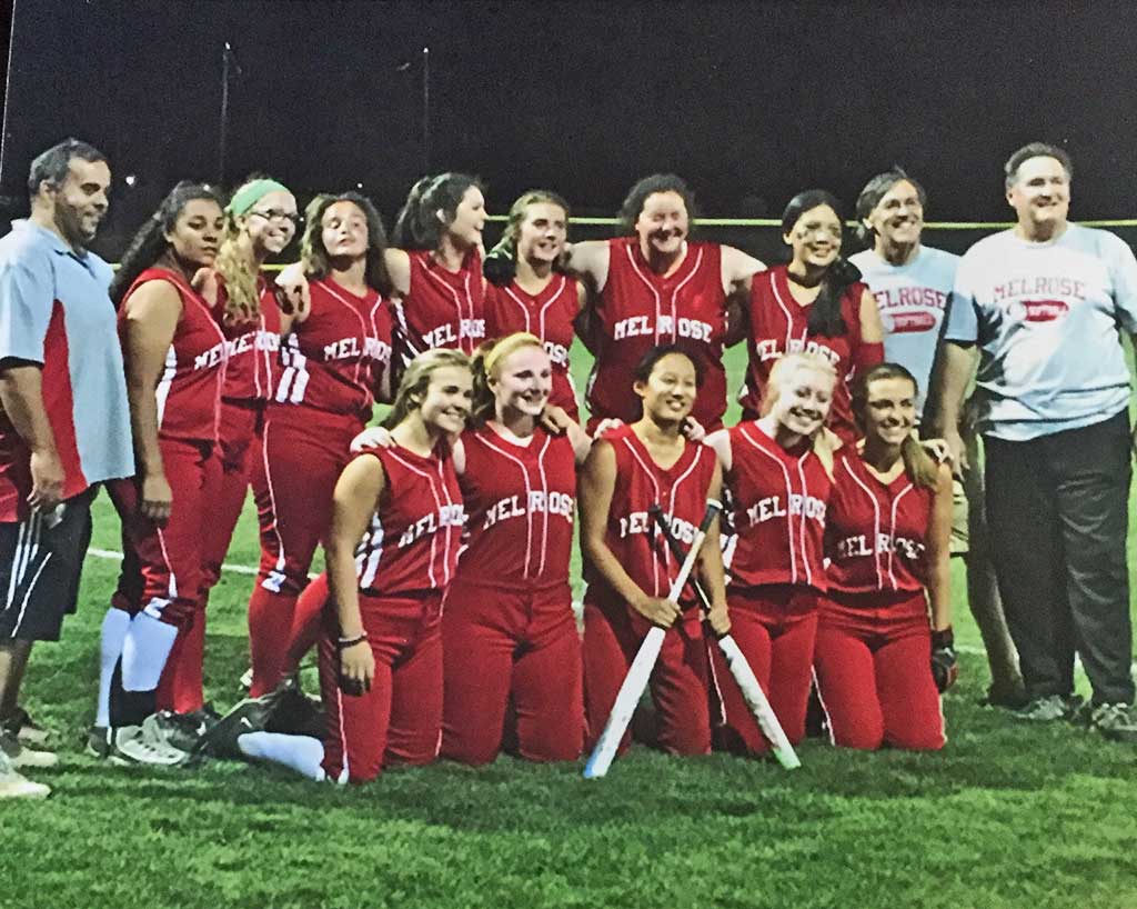  THE MELROSE girls’ summer team (18U) finished its season last week with a record of 10-3-1 which was good for a fifth place finish out of 31 teams in the Middle-Essex Softball League. In the front row (from left to right) are Sam Farrell, Jill Stone, Rachel Pfeiffer, Ashley Sullivan and Maddy Shea. In the back row (from left to right) are Reggie Robinson, Jen Rosario, Kelly Burns, Sam Robinson, Caitlin Kenney, Olivia Conlon, Julia Traversy, JoJo Andruszkiewicz, Coach Rich Traversy and Coach Jim Farrell.