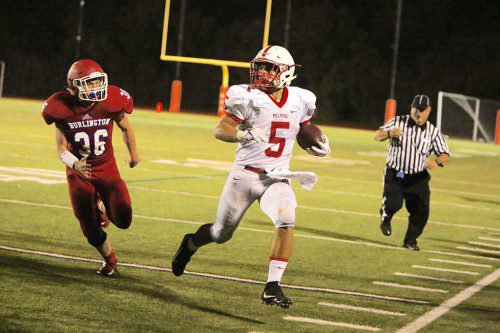 MIKE PEDRINI'S three touchdowns helped Melrose take down Burlington 30-18 last Friday night on the road, and improve to 2-1. (Donna Larsson photo) 