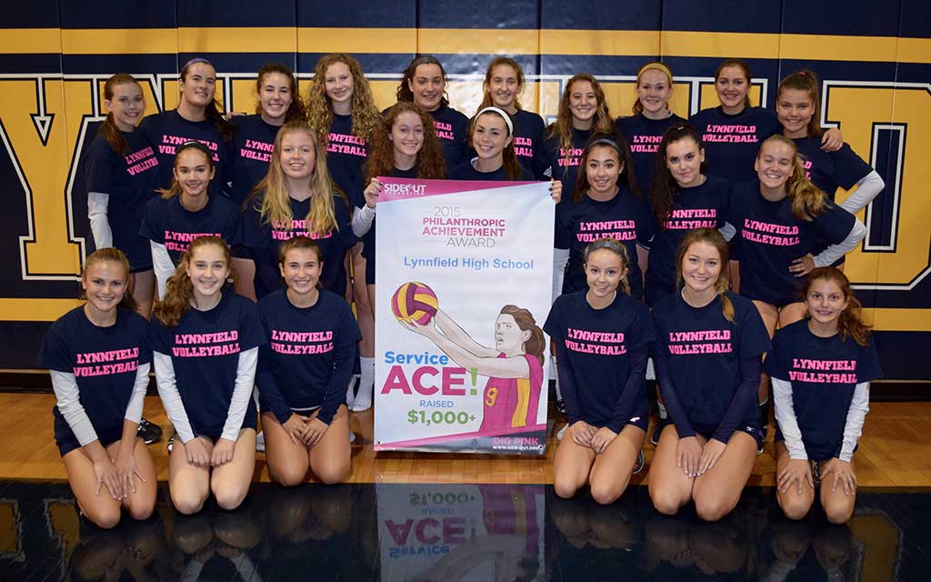 DIG PINK returns. The LHS girls’ volleyball team is promoting its annual Dig Pink breast cancer research fundraiser for the Side-Out Foundation on Wednesday, Oct. 5 during the Lynnfield vs. Masconomet match. Team members are (front, l-r): Ashley Sjoberg, Ashley Pagliuca, Makayla Maffeo, Camie Foley, Maxine Boyle, Sofia Ciriello; (middle, l-r): Samantha Lebruska, Laura Mucci, captain Rebecca Albanese, captain Olivia Pascucci, Sophia Milano, Sophia Nagy, Sophia Wilkinson; (back, l-r): Kayla Mortellite, Samantha DeGeorge, Jessica Badger, Katie Nugent, Emory Caswell, Ali McPherson, Elana Kotler, Melissa Morelli, Alexandra Calichman and Caitlin Murray. (Courtesy Photo)