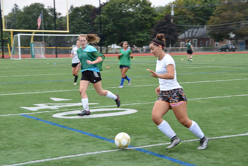 SENIOR GIANA MOSCARITOLO controls the ball as the NRHS girls soccer team practiced at Arthur Kenney Field last week. This year's squad is looking to improve on last year's Division 3 North Championship. (Bob Turosz Photo)