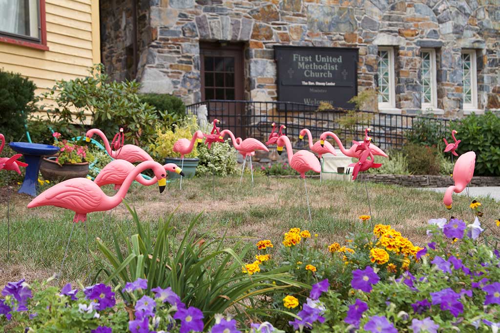 THESE PINK FLAMINGOES grace the front of the First United Methodist Church on Main Street. (Donna Larsson Photo)