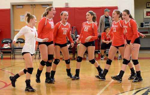 MELROSE VOLLEYBALL was all smiles on Saturday when they beat Div. 3 State Champ Frontier, 3-0. Pictured from left: Kaitlyn MacInnes, Cat Torpey, Erin Torpey, Lydia Lombardo, Julia Symonds and Saoirse Connolly. (Steve Karampalas photo)