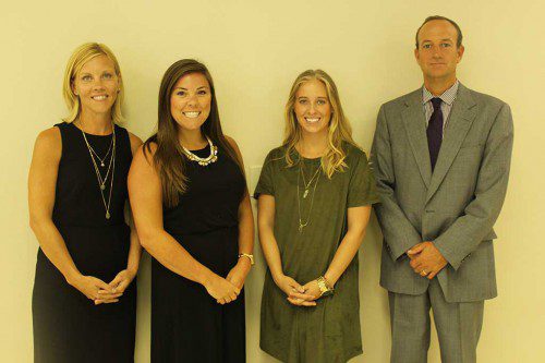 READY TO educate young minds are the two newest teachers welcomed into the Huckleberry Hill School community. First grade teacher Katelyn Chambers (second from left) and special education teacher Nicole Hyde-Bradford (second from right) are flanked by Special Services Director Kara Mauro and Principal Brian Bemiss following their introduction during the school district’s new teacher orientation program on Aug. 23.                                                                         (Dan Tomasello Photo)
