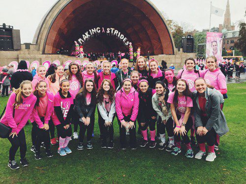ON SUNDAY, the North Reading Varsity and Junior Varsity volleyball team participated in the Making Strides Against Breast Cancer walk in Boston. This is the third year the team has participated raising over $3,000 to help find a cure. The volleyball team will be hosting their annual Breast Cancer Awareness game at the North Reading High School on Oct. 14, Junior Varsity game starting at 4 p.m. and Varsity game starting at 5:30 p.m. There will be raffles and a variety of baked goods for sale. Join the team as they continue to raise awareness for a disease that has touched so many. (Courtesy Photo)