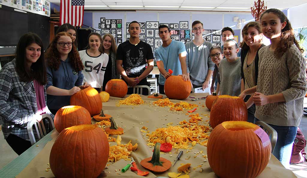 ON THURSDAY, OCT. 27, fans of Halloween and the spooky side of things will be treated to Fright Night 2016, which will include the annual carved pumpkins display on the steps of the Beebe Library and a Horror Film Festival at the Galvin Middle School Auditorium featuring student made horror movies. Showtimes are 4:30 and 7 p.m. and admission is $5. The carved pumpkin display is from 6 to 8 p.m. Students from WMHS Visual Arts are working on their pumpkins designs. From the left are Maddy Carito, Tara Ellis, Lizzy Bishop, Jocelyn Healy, Bridget Maynard, Sixto Merced, Tyler Gilson, Jake Bassett, Matt Boudreau, Samantha Chen, Norah Coyne, Isabella Kehoe and Claudia Nerden.