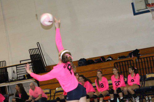 SENIOR Katie Nugent (8) had 10 kills, two digs and an ace during the Pioneers’ 3-0 victory over Masco Oct. 5. The game was held on the Pioneers’ annual Dig Pink night. (Dan Tomasello Photo)