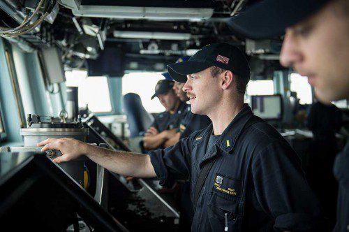 ENSIGN Christopher Kent, a Lynnfield native, is serving aboard the USS Barry, an Arleigh Burke-class guided-missile destroyer based in Japan. A Naval Academy graduate, he recently completed his qualification for Surface Warfare Officer. (Hometown News Service)