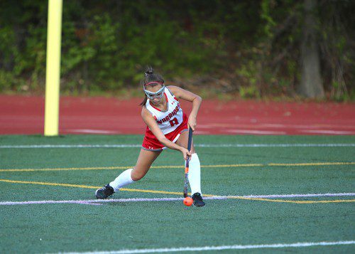 OLIVIA CAMERON, a senior forward, earned an assist on one of the five Warrior goals. Wakefield blasted Woburn by a 5-0 score yesterday for its first league win of the season. (Donna Larsson File Photo)