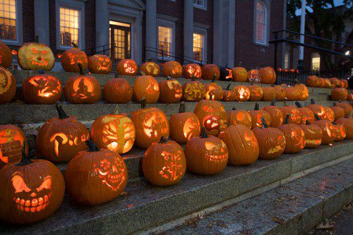 THE FRONT OF THE BEEBE LIBRARY was adorned with great works of art as part of the Wakefield Memorial High Fright Night celebration. These intricately detailed jack o'lanterns were made by Visual Arts students at the high school. (Donna Larsson Photo)