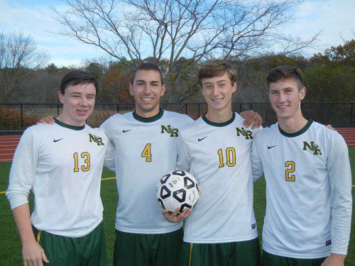 FOUR HORNET PLAYERS were named to the Cape Ann League All Star Team. From left: Patrick Davis, Anthony Tramontozzi, Cam Davis, Liam Rutherford (all seniors). North Reading is part of the Kinney Division (large schools) which was defeated by the Baker Division (small schools) 3–0, at Triton Regional High School. (Courtesy Photo)