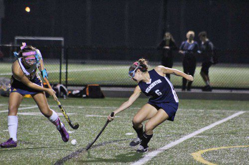 CAL PLAYER of the Year Lilli Patterson (left) goes head-to-head against Wilmington’s Taeya Peroni (6) in round one of the Div. 2 North tourney. Peroni scored both goals for the Wildcats in the 2-1 sudden death OT loss. (Maureen Doherty Photo)