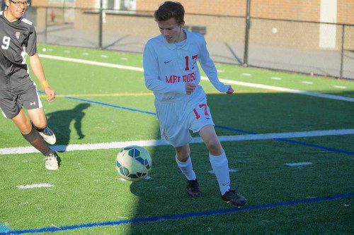 THE MELROSE Red Raider soccer team's historic season ended in a 3-0 loss to Marblehead on Sunday, Nov. 6 in the D3N quarterfinal playoff. Pictured is Melrose's Owen Thorsteinsson. (Donna Larsson photo)