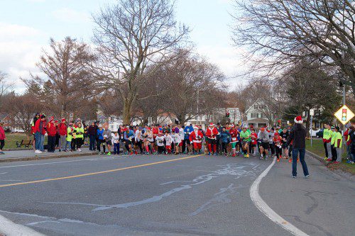 THE RUNNERS entered in the third annual Keith’s Tree Frozen Frolic Race prepare for the start of the 3.4 mile event. (Donna Larsson Photo)