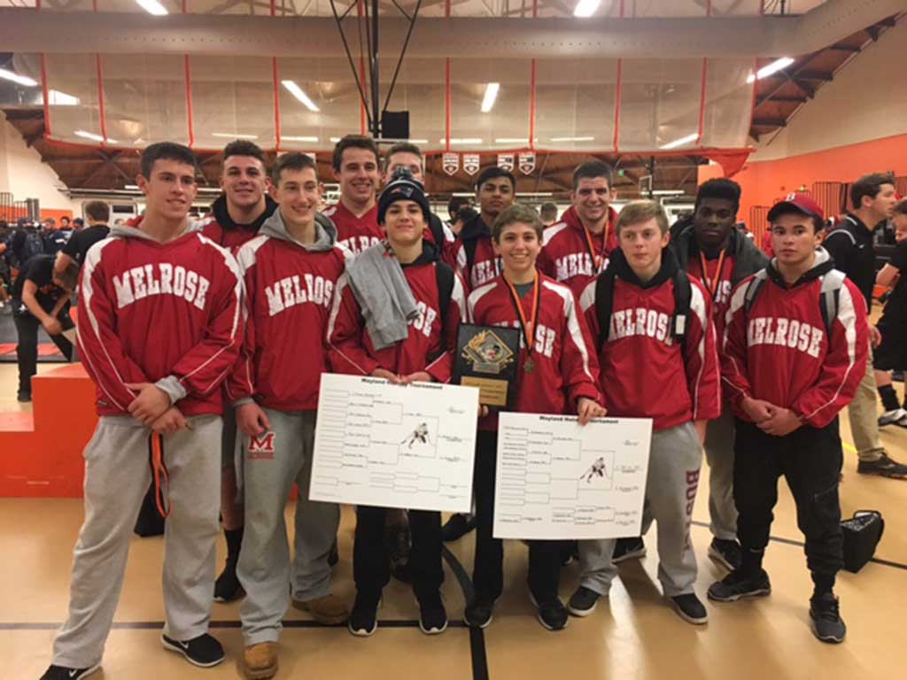 THE MELROSE Red Raider wrestling team swept the competition at the 2016 Wayland Tournament with a first place finish and four champion wrestlers. (courtesy photo)