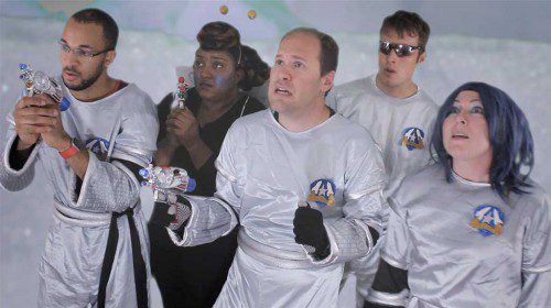 ADAM GRISWOLD of North Reading (center) shown in this image from his new sci-fi/comedy "Space People 2." (Courtesy Photo) 