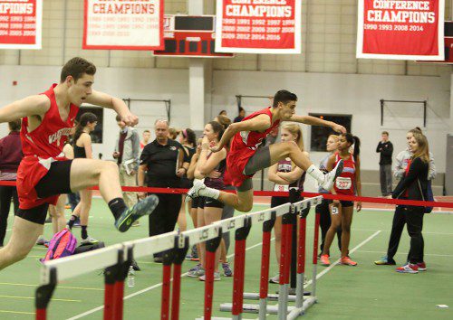 JUNIORS SAM Morey (left) and Jordan Fauci (right) posted a one-finish in the 55 meter hurdles. Fauci ran a time of 9.64 seconds, a PR by nearly a full second, for first place and Morey came in second at 9.76 seconds. (Donna Larsson Photo)