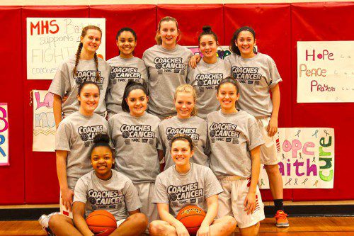 THE MELROSE Lady Raider hoop team picked up a league win last Friday over Stoneham, 60-34. The night also served as the teams' annual Coaches vs. Cancer game. (courtesy photo) 