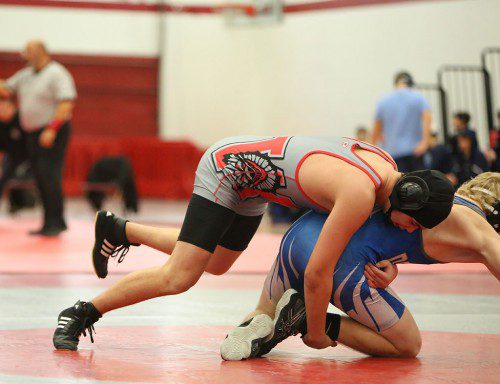 KEVIN TRAN, a junior (left), wrestled at 160 in a meet against Everett on Saturday at Gloucester High School. Tran won by pin and also won by forfeit at 160 against the host Fishermen. (Donna Larsson File Photo)
