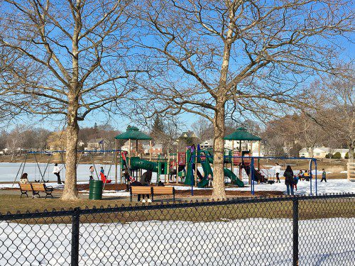 WITH SCHOOLS closed because of the February break and unseasonably mild temperatures, the Spaulding Street Playground saw plenty of action yesterday. (Colleen Riley Photo)
