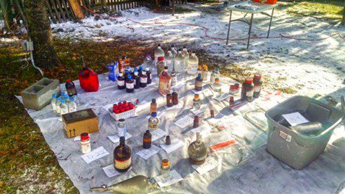 An assortment of chemicals and paraphernalia allegedly found at the scene of last week’s house fire on Traveled Way in North Reading. (Courtesy Photo)