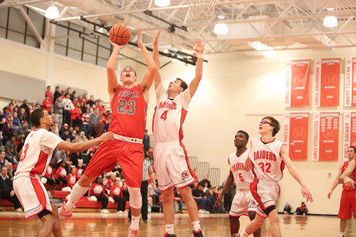 SENIOR FORWARD Kobey Nadeau (#23) scored eight points, hauled down 13 rebounds, and earned two assists in Wakefield’s 67-47 defeat to Pope John XXIII High School last night in the first round of the Sheridan Tournament. (Donna Larsson File Photo)