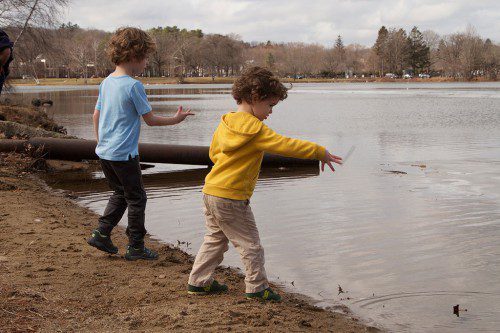 THE GOUDREAU BROTHERS recently took advantage of some great weather and had fun at the shore of Lake Quannapowitt. Jonah is 6, Henry 2 1/2. (Donna Larsson Photo)