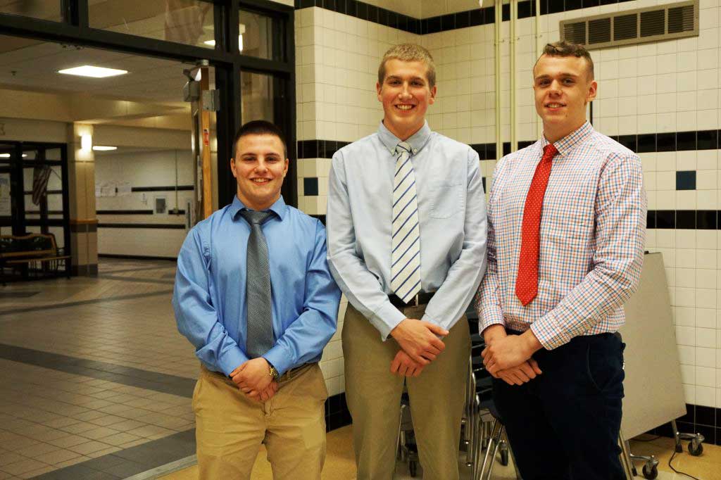 THE LYNNFIELD-NORTH READING co-operative wrestling team elected, from left, Andrew DiPietro, Anthony Wilkinson and Kevin Farrelly as captains for the 2017-2018 season. (Courtesy Photo)