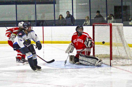 SAMMIE MIRASOLO scores the first of her three goals against Melrose to open the third-period scoring spree unleashed by the girls’ co-op hockey team on Melrose. The 4-0 shutout qualified the Tanners for their first state tournament ever. (Mark Grant Photo) 