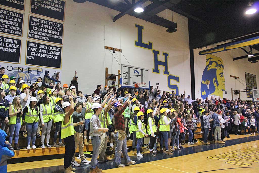 THE HOME COURT advantage paid dividends for the Lynnfield Pioneers boys’ basketball team on Sunday as their loyal fans packed the LHS gymnasium in the Div. 3 North quarterfinals, spurring them to victory against Whittier Tech, 74-72. Read more about it in today’s sports section. (Keith Curtis Photo)