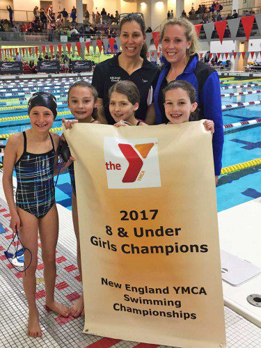 2017 YMCA New England Champion 8 and under team celebrate a remarkable feat. Pictured, from left, Naomi Breay, Amelia Doetsch, Paige Kelley, Marianna Kay and coaches Melissa Rinaldi and Laura McCormack. (courtesy photo) 