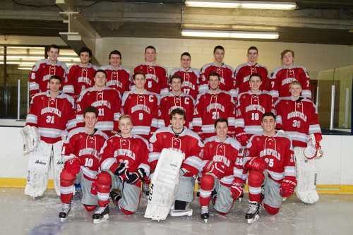 THE WMHS boys' hockey team competed in the tough Middlesex League along with teams such as Div. 1A champion Arlington and Div. 2 North finalist Stoneham. In the front row (from left to right) are Sam Veerman, Ty Collins, Nick Porter, Justin Sullivan, and PJ Iannuzzi. In the second row (from left to right) are Justin Harding, Ben Coccoluto, Pat Leary, David Melanson, Sean McNall, Mike Ruane, and Tyler Pugsley. In the back row (from left to right) are Mike Lucey, Anthony Forziati, Chris Coombs, Pat Roche, Tom Harrington, Cam Souza, Ryan Chambers, and Jake Regan. Missing from the photo are Braedan Langlois and Nolan Collins. (Donna Larsson Photo)