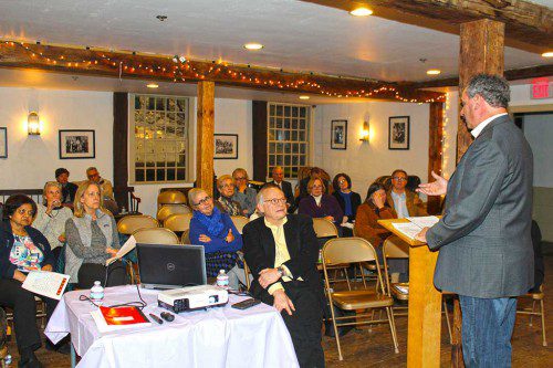 THE LIBRARY forum at the Meeting House was like two meetings in one as Ted Caswell, chairman of the Capital Facilities Advisory Committee (CFAC), was invited to provide an update on the status of the ongoing evaluation of all municipal buildings in town. (Maureen Doherty Photo)