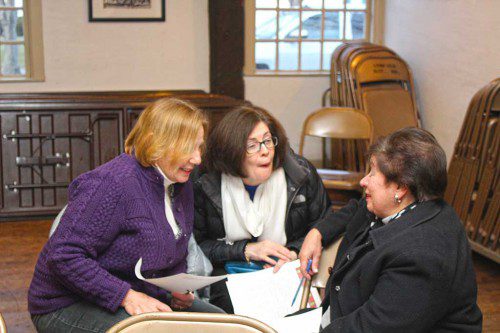 SHARING a laugh together prior to the start of last week's community forum on the status of the library building project were (from left): Ann Decker, Patty Nutile and Maryann Mazzola. (Maureen Doherty Photo) 