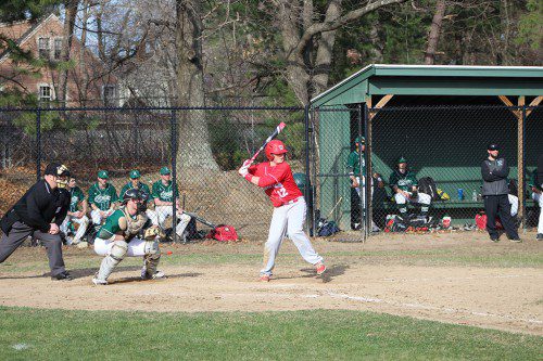 MIKE GUANCI, a senior captain (#12) had three hits with two doubles, two RBIs, and a run scored in Wakefield’s 6-4 triumph over Austin Prep yesterday afternoon. (Keith Curtis Photo)