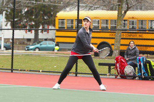 THE MELROSE girls' tennis team fell short against Wakefield, 5-0, on Monday, April 24. (Donna Larsson photo) 