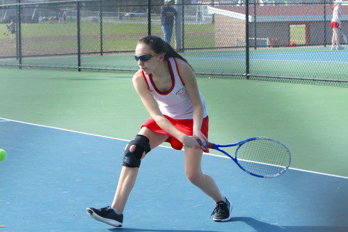 JENNA MELLO, a senior captain, posted a 6-0, 6-0 win at third singles in Wakefield’s 5-0 victory over Melrose yesterday afternoon at MHS. (Donna Larsson File Photo)